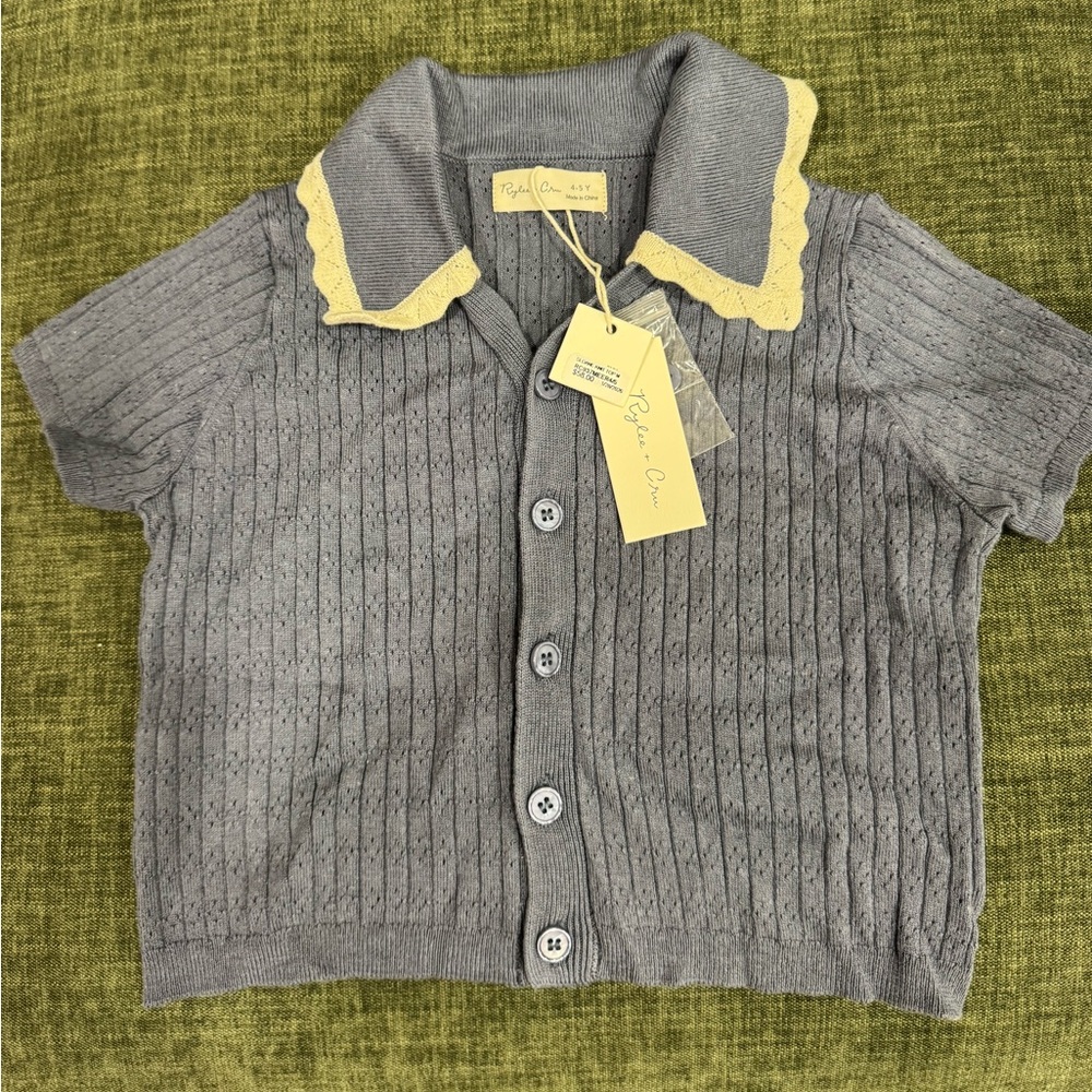 Rylee&Cru NWT Blue Knit Button-Front Top with White Trim